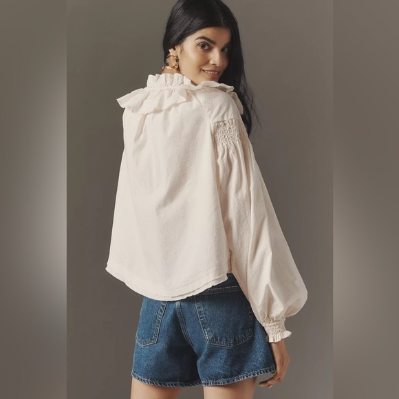 Anthropologie Pinstripe Ruffled V-Neck Blouse - Picture 2 of 9